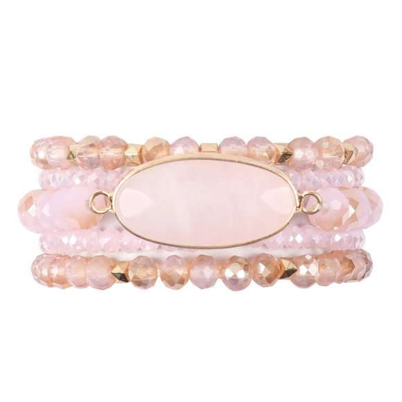 Riah Fashion Jewelry - Oval Stone Charm Pink Beaded Bracelet NIP
